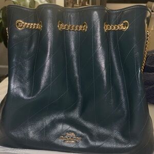 Coach Dark Green Leather Shoulder Bag with Gold Accents